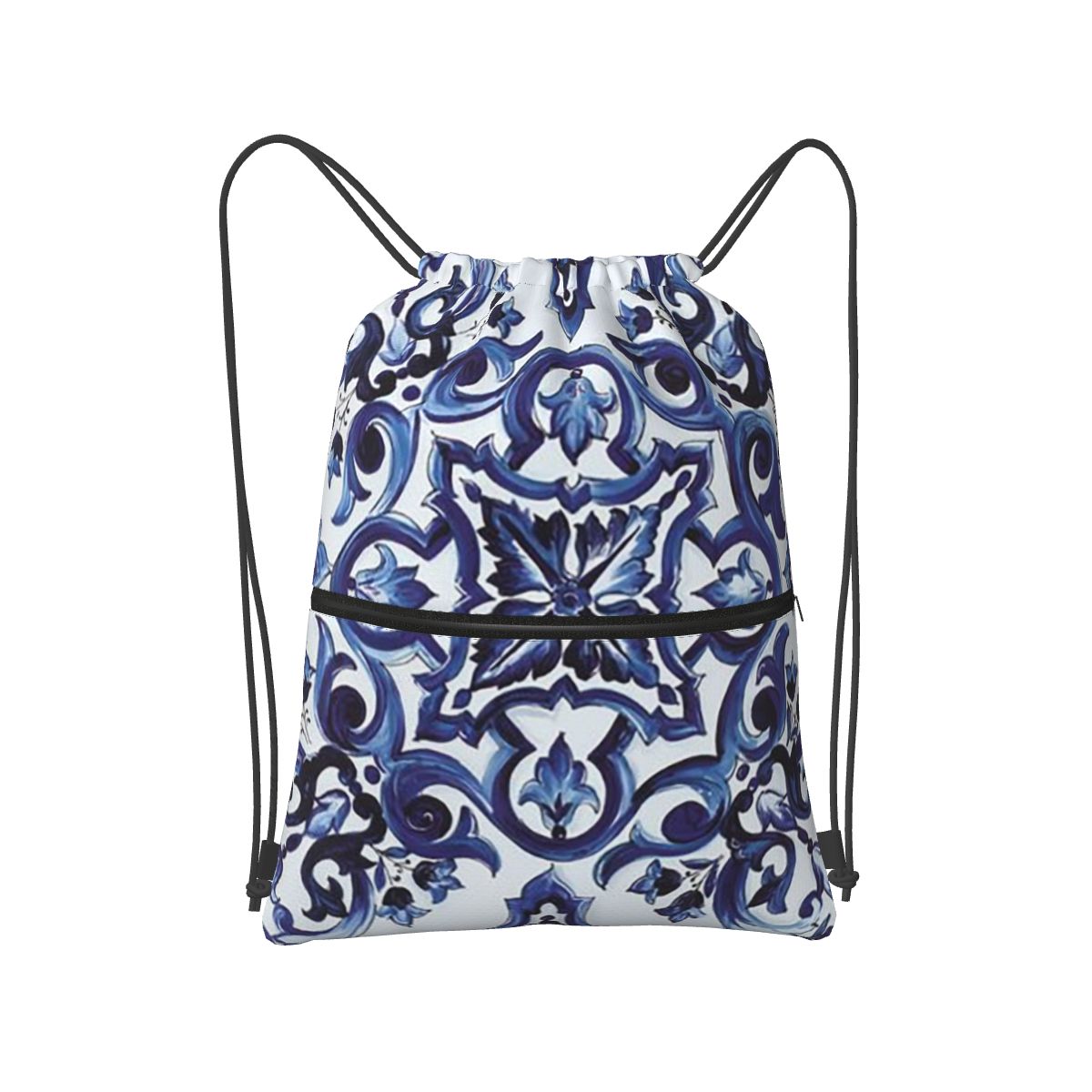 Blue Ornate Floral Mediterrane - Tile Bag Drawstring 评论和价格